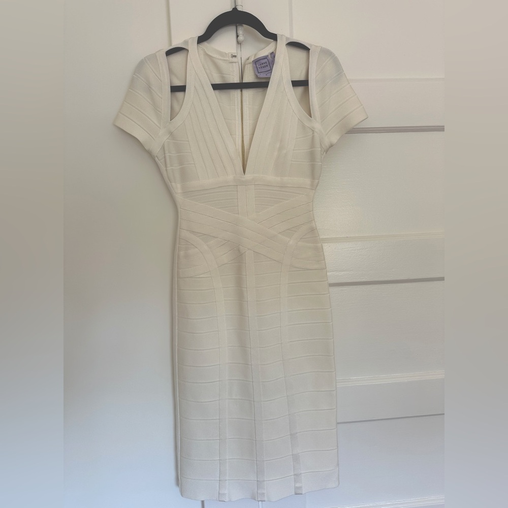 Hervé Léger Paris White Cap Sleeve Bandage Midi Dress
